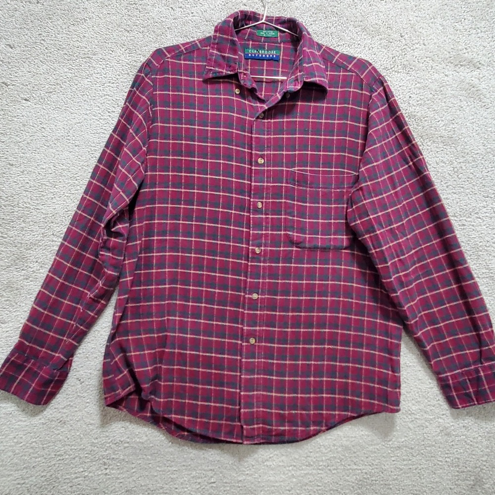 Claybrooke‎ Outdoors Shirt Men's Medium Burgundy Green Button Down Plaid Flannel